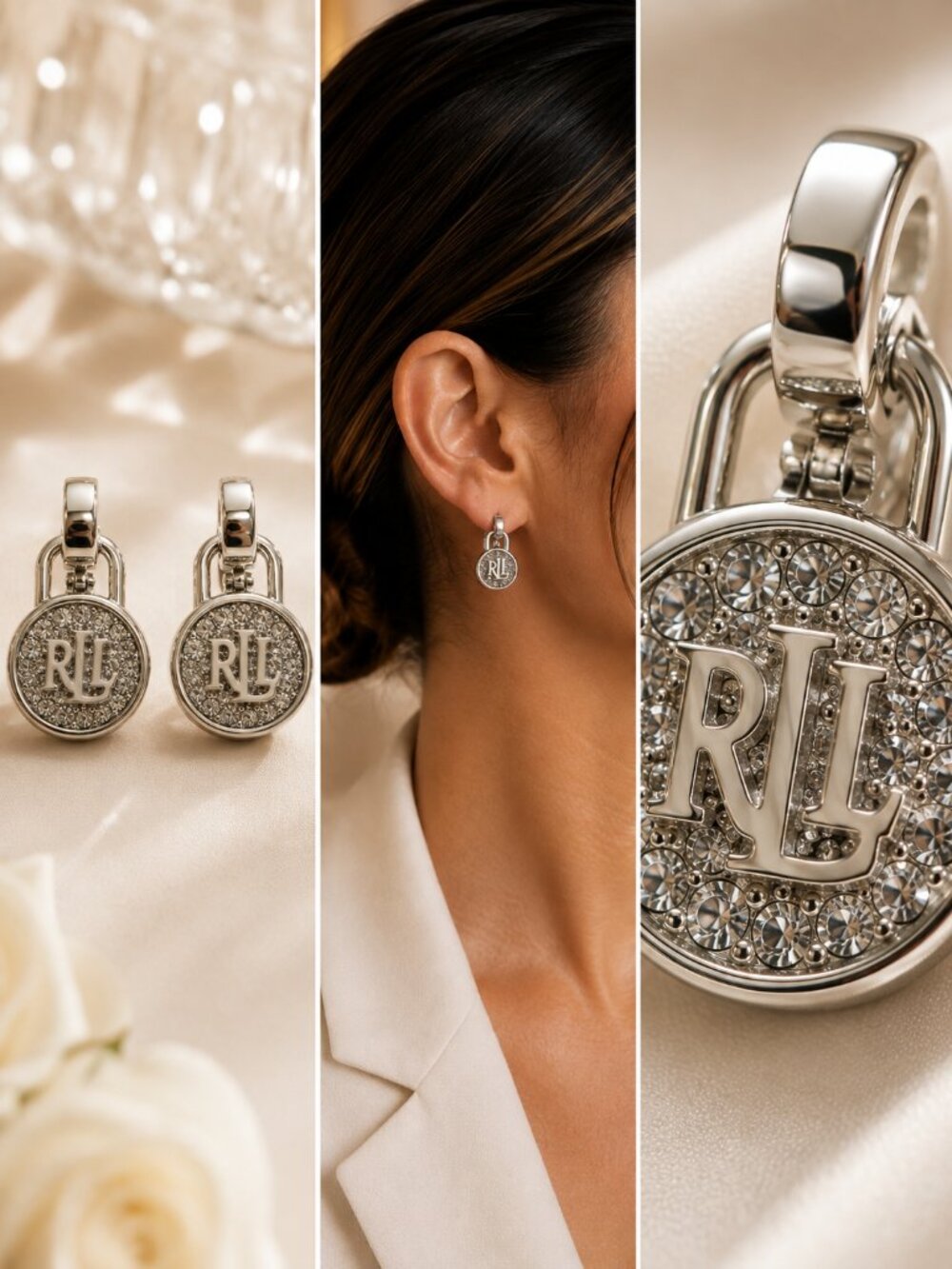 Lauren Ralph Lauren Crystal RL Logo Clip Earrings Silver Tone NWT - Picture 4 of 10